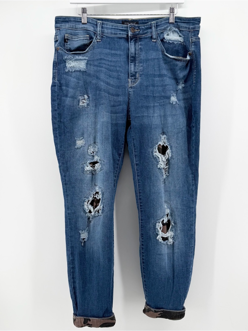 Judy Blue 2X Janette Camo Patch Skinny Jeans Plus Size Mid Rise Distressed Denim - Picture 3 of 15